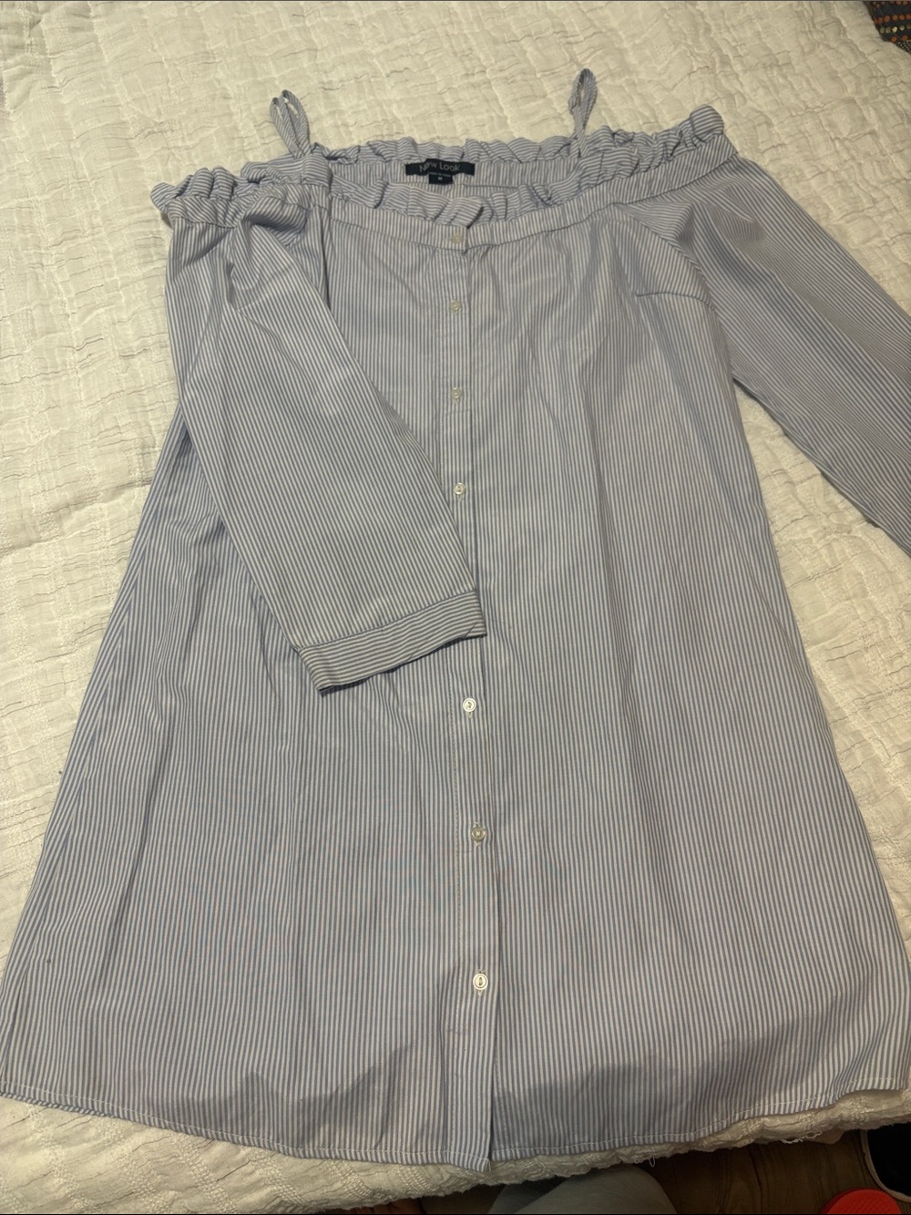 New Look Light Blue Pinstripe Off-Shoulder Romper